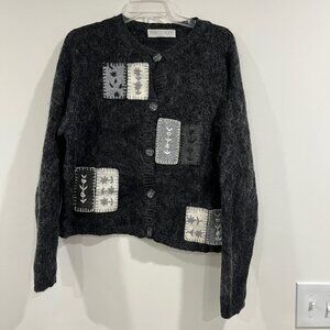 Vintage Rebecca Stone Gray Button Up Floral Applique Cardigan Sweater M/L